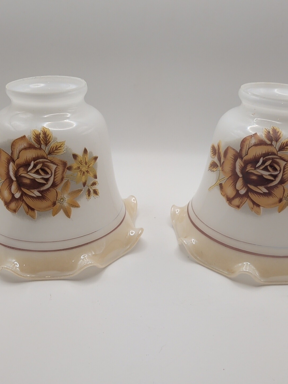 Vintage Pair Floral Glass Lamp Shade Set 2 Pieces Roses Cream & Gold (H)